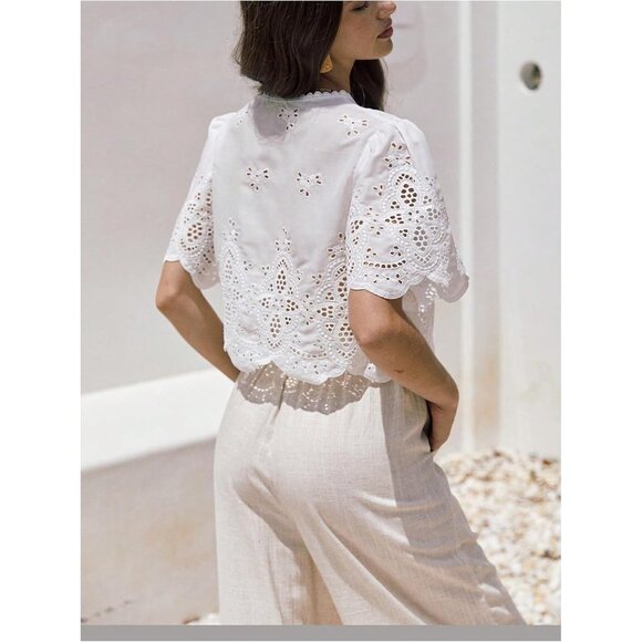 Women's Polyester Crop Top V Neck Ruffle Short Sleeve Summer Blouse - Picture 2 of 5